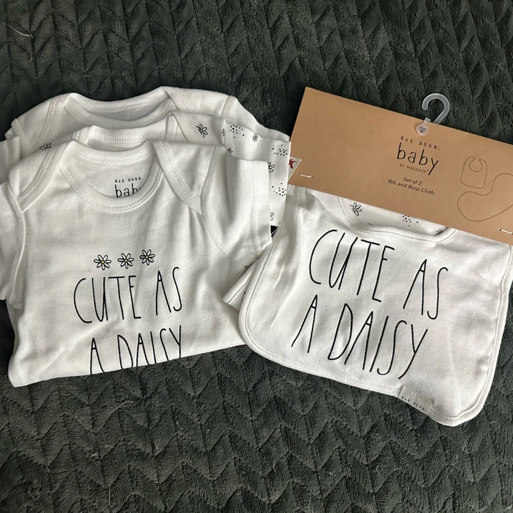 Rae Dunn White Baby Onesie with Daisy Print and bib set - Picture 5 of 5